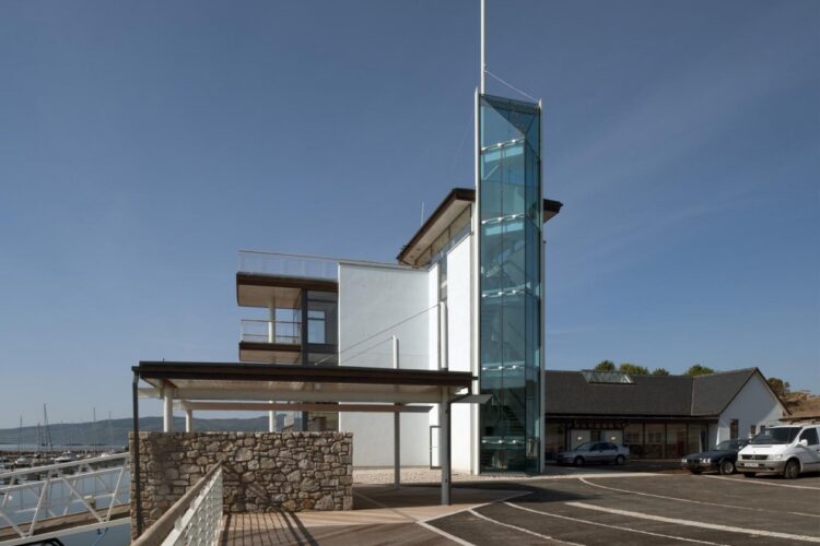 Facilities Building viewing tower and pontoon gatehouse with changing room wing in background. -d4ea2c87